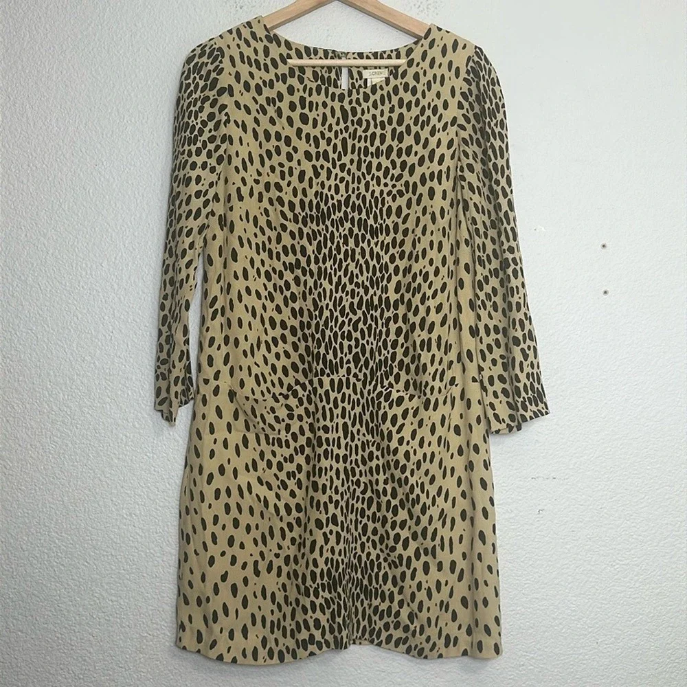 J.Crew Jules Animal Print Mini Dress Lined Wildcat Tan‎ Black 3/4 Sleeve Size 2